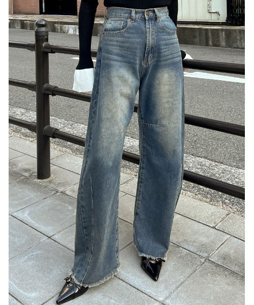 リエディ(Re:EDIT) 裾フリンジバレルレッグデニムパンツ