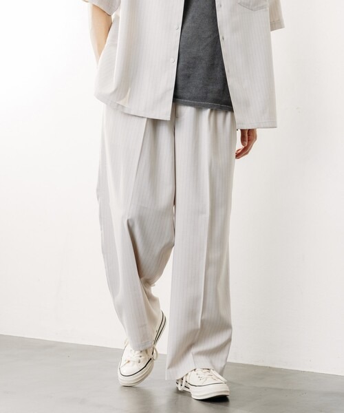 フリークスストア(FREAK'S STORE) Reflax 機能性素材 ワイドシルエット イージー ストライプ スラックスパンツ