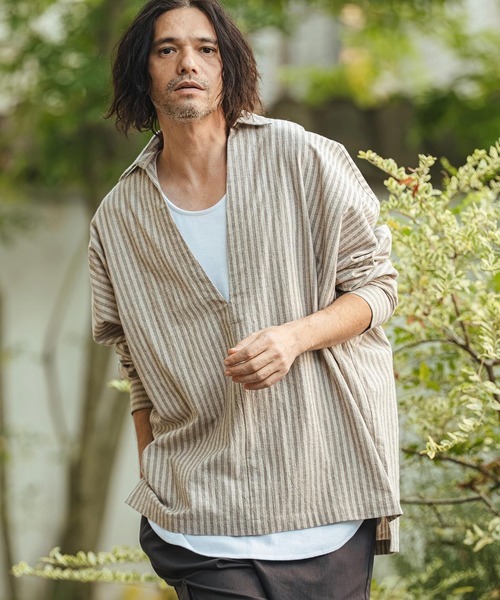 カンビオ(CAMBIO) コットンリネンストライプディープスキッパーシャツ