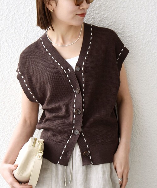 シップスエニィ(SHIPS any) 手洗い可能 リネン レーヨン ステッチ 編み Vネック ベスト