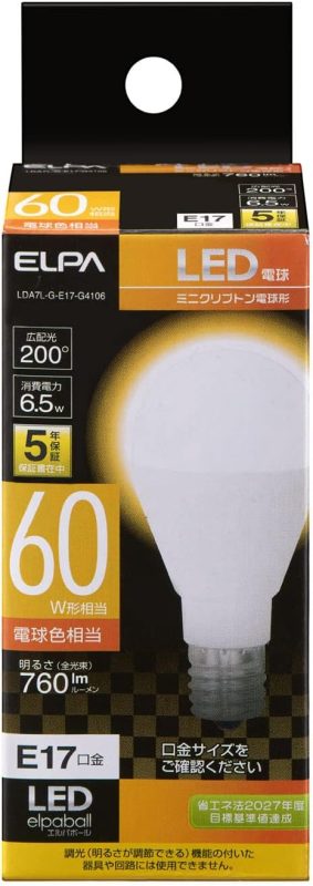 エルパ(ELPA) LED電球 ミニクリプトン球形 E17 60W形 電球色 LDA7L-G-E17-G4106