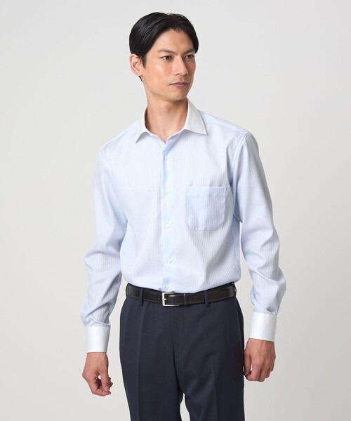 グリーンレーベルリラクシング(green label relaxing) コットン シャドーストライプ クレリック ワイドカラー ドレスシャツ イージーアイロン