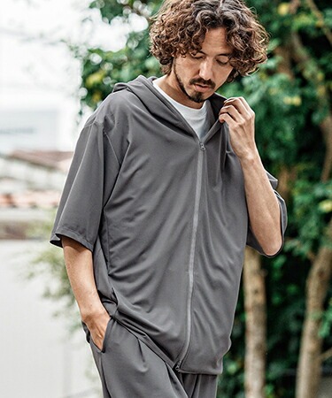 カンビオ(CAMBIO) tretch Mini Waffle Short Sleeve Zip Up Parka ジップパーカー