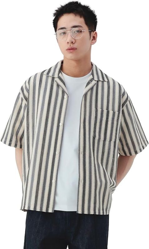 ビームスハート(BEAMS HEART) ストライプ メッシュレース オープンカラーシャツ